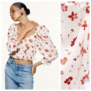 NWT. Zara White/Red Linen Blend Printed Top. Size XS.